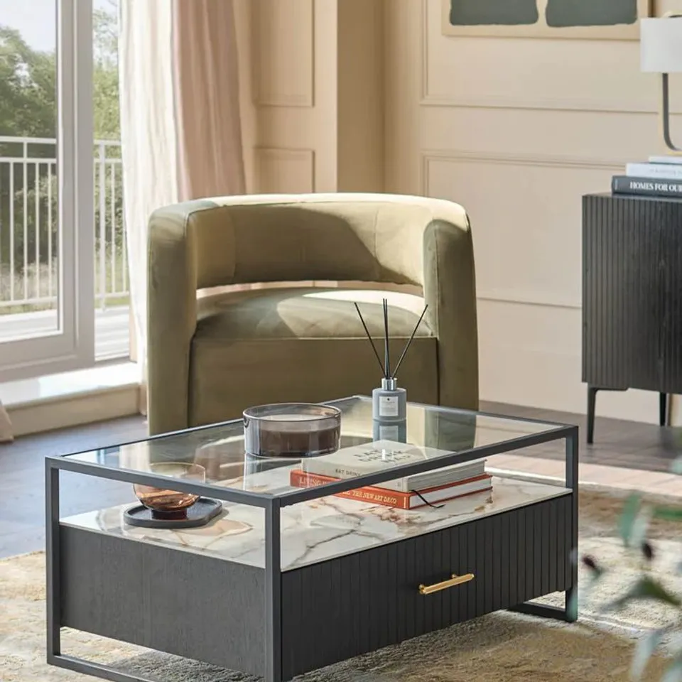 BOXED DANETTI KAI GLASS AND CERAMIC COFFEE TABLE