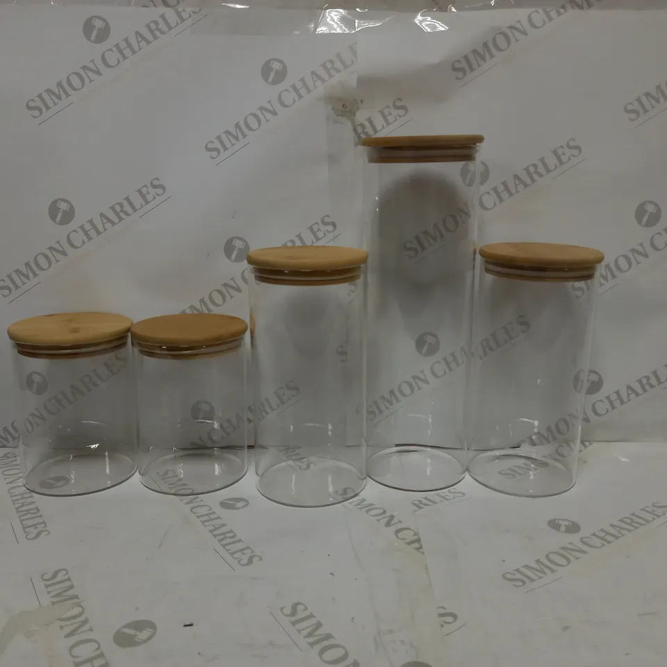 SET OF 5 GLASS CANNISTERS WUTH WOODEN LIDS