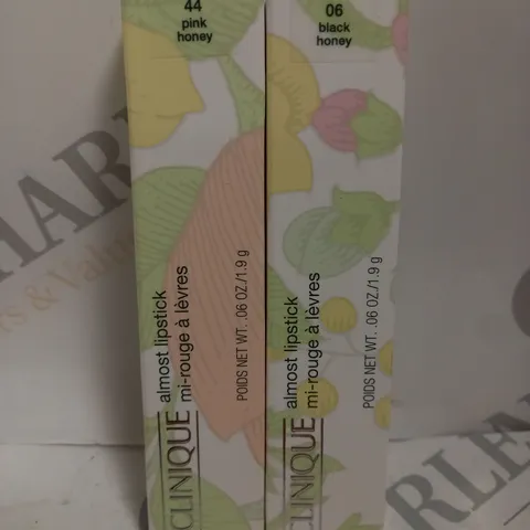 BOX OF 2 CLINIQUE ALMOST LIPSTICKS #44 PINK HONEY & #06 BLACK HONEY