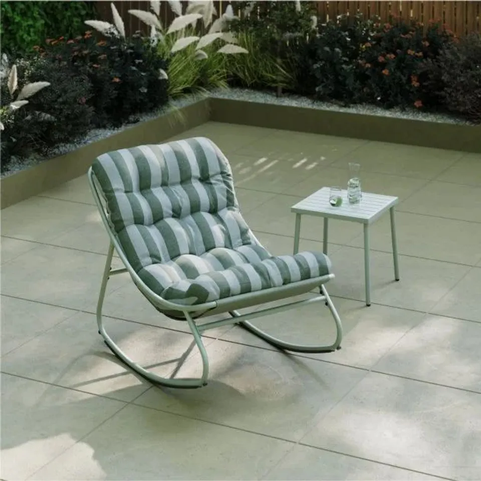 BOXED CHARLES BENTLEY PORTO ROCKING CHAIR WITH GREEN STRIP CUSHION - GREEN/WHITE (1 BOX)