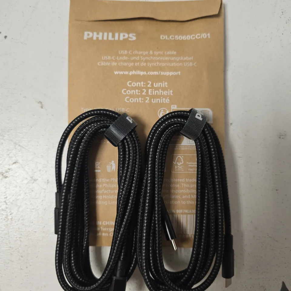 PACK OF 2 PHILIPS USB-C CHARGE & SYNC CABLES – USB-C TO USB-C, 2 M