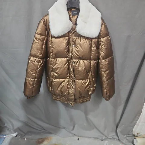BOOHOO BROWN PUFFER JACKET WITH WHITE FAUX FUR COLLAR, UK 8