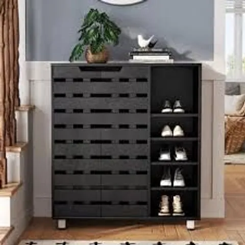 BOXED 6 TIER BLACK SHOE CABINET WITH DOORS (1 BOX)