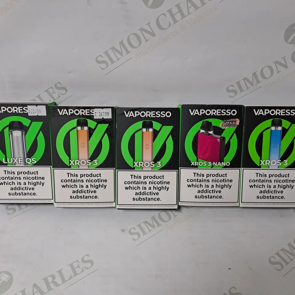 5 ASSORTED VAPORESSO VAPE KITS TO INCLUDE XROS 3, LUXE QS, XROS 3 NANO 