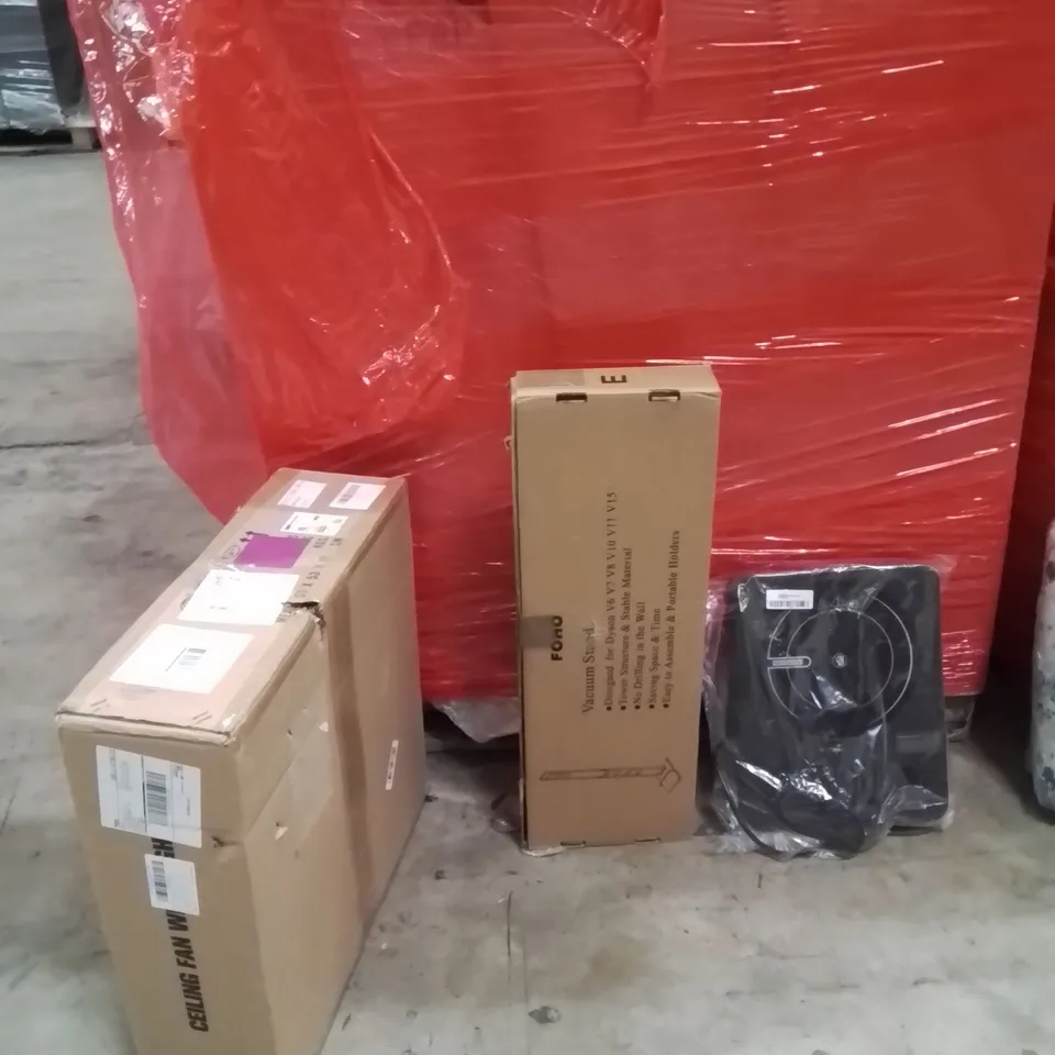 PALLET OF ASSORTED HOUSEHOLD GOODS AND PRODUCTS TO INCLUDE;INDUCTION HOB,VACUUM STAND,CEILING FAN WITH LIGHT