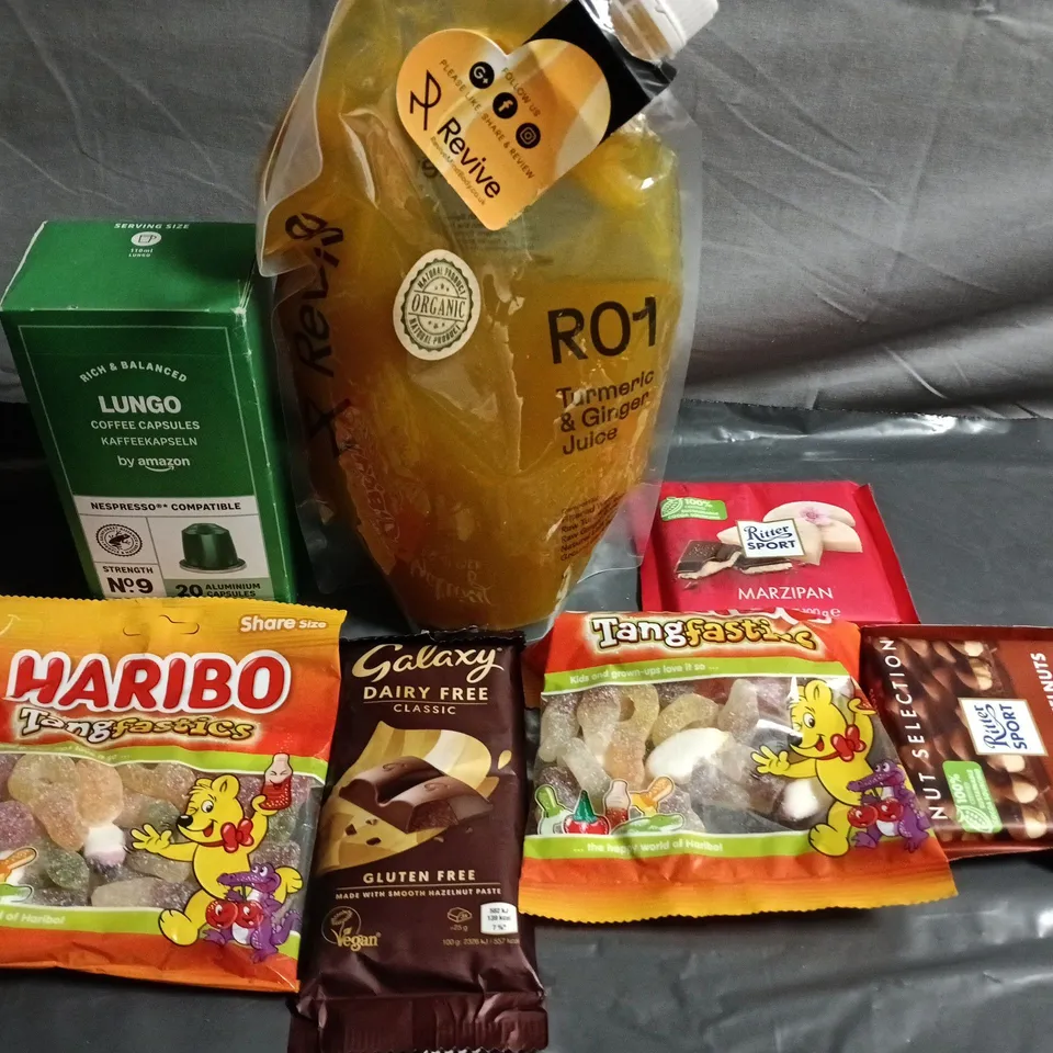 APPROXIMATELY 10 ASSORTED FOOD ITEMS TO INCLUDE - HARIBO'S, GALAXY AND COFFEE PODS