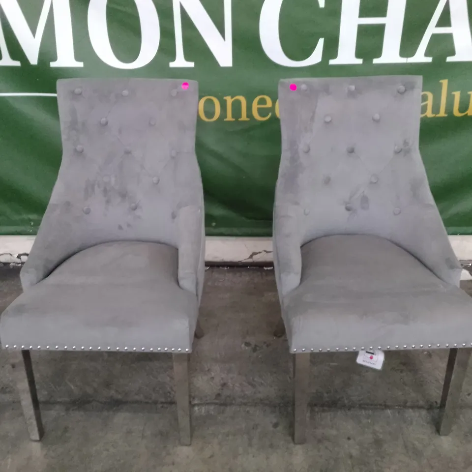SET OF 2 NEW IMPERIAL GREY VELVET BUTTON BACK DINING CHAIR (CHROME LEGS)
