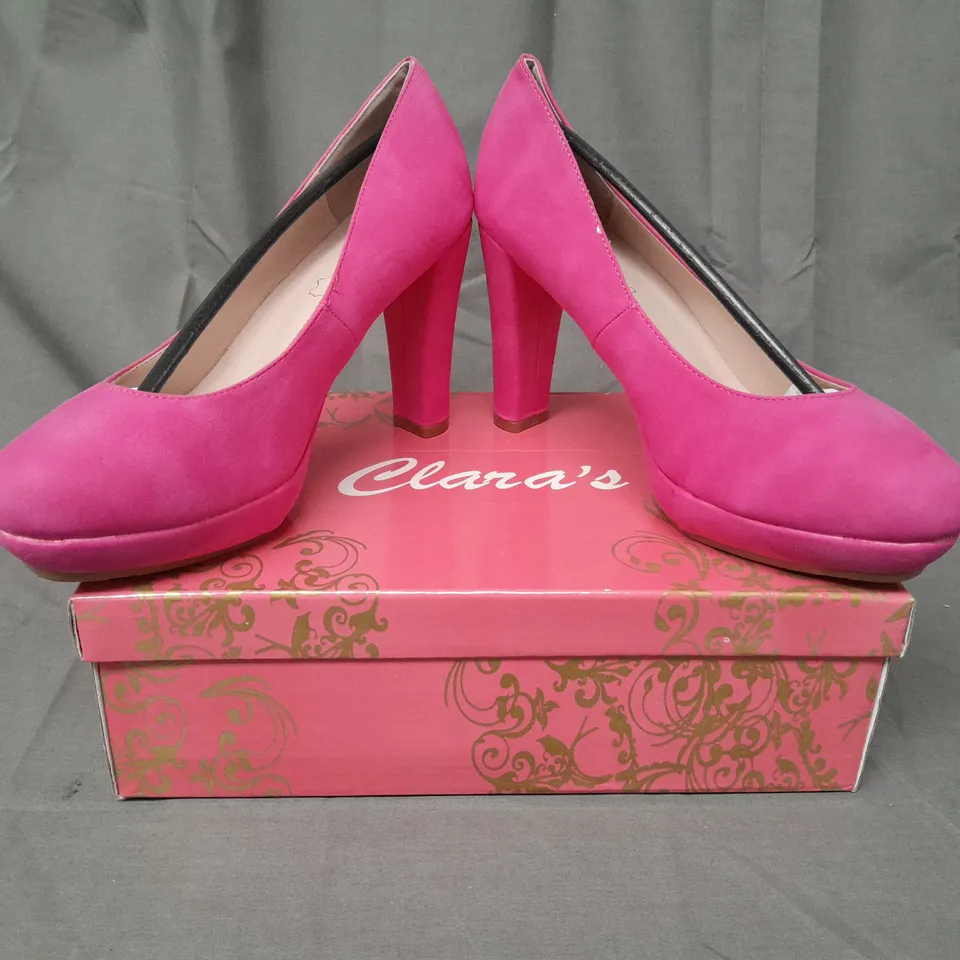 BOXED PAIR OF CLARA'S CLOSED TOE HIGH HEEL SHOES IN FUCHSIA 39