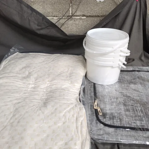 BOX OF APPROXIMATELY 10 HOUSEHOLD ITEMS TO INCLUDE PILLOWS, STORAGE BOXES AND SMALL BUCKETS WITH LIDS