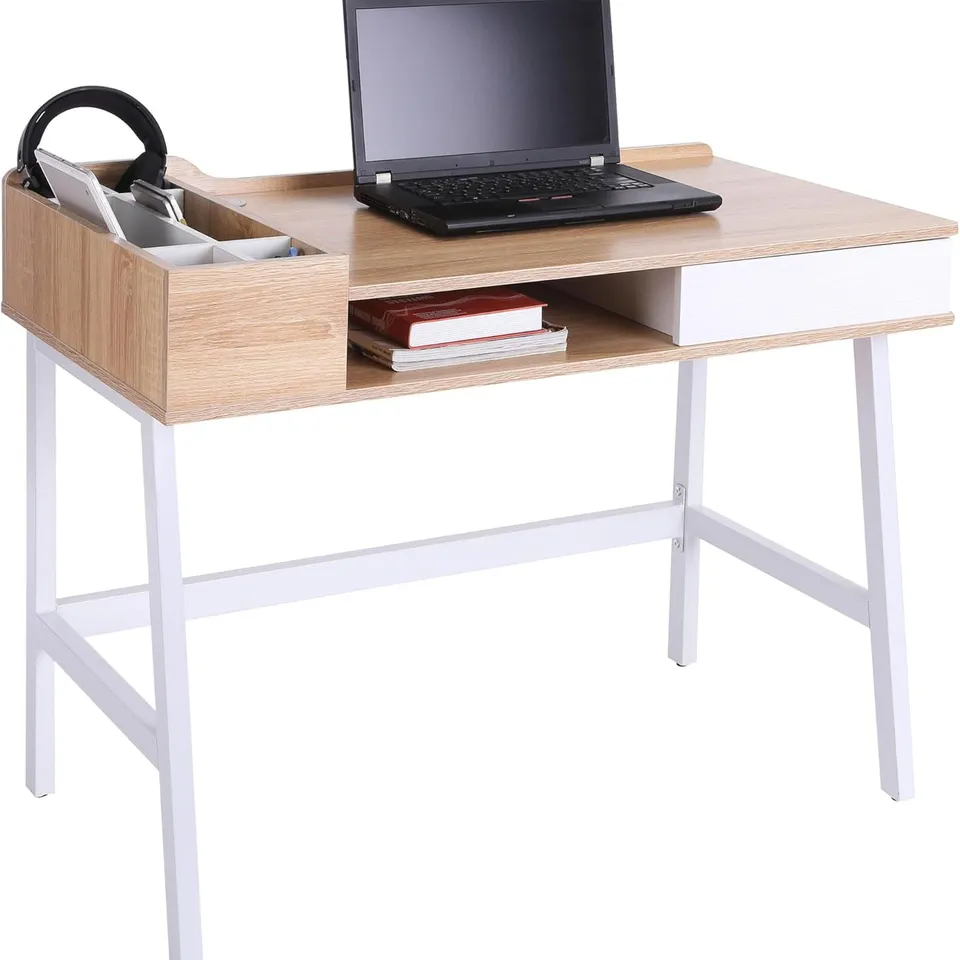 BOXED HOMCOM COMPUTER DESK, WRITING DESK, STUDY WORKSTATION WITH DRAWER, STORAGE COMPARTMENTS, CABLE MANAGEMENT, LAPTOP TABLE, METAL FRAME, 100 X 55 X 81.5CM, OAK AND WHITE