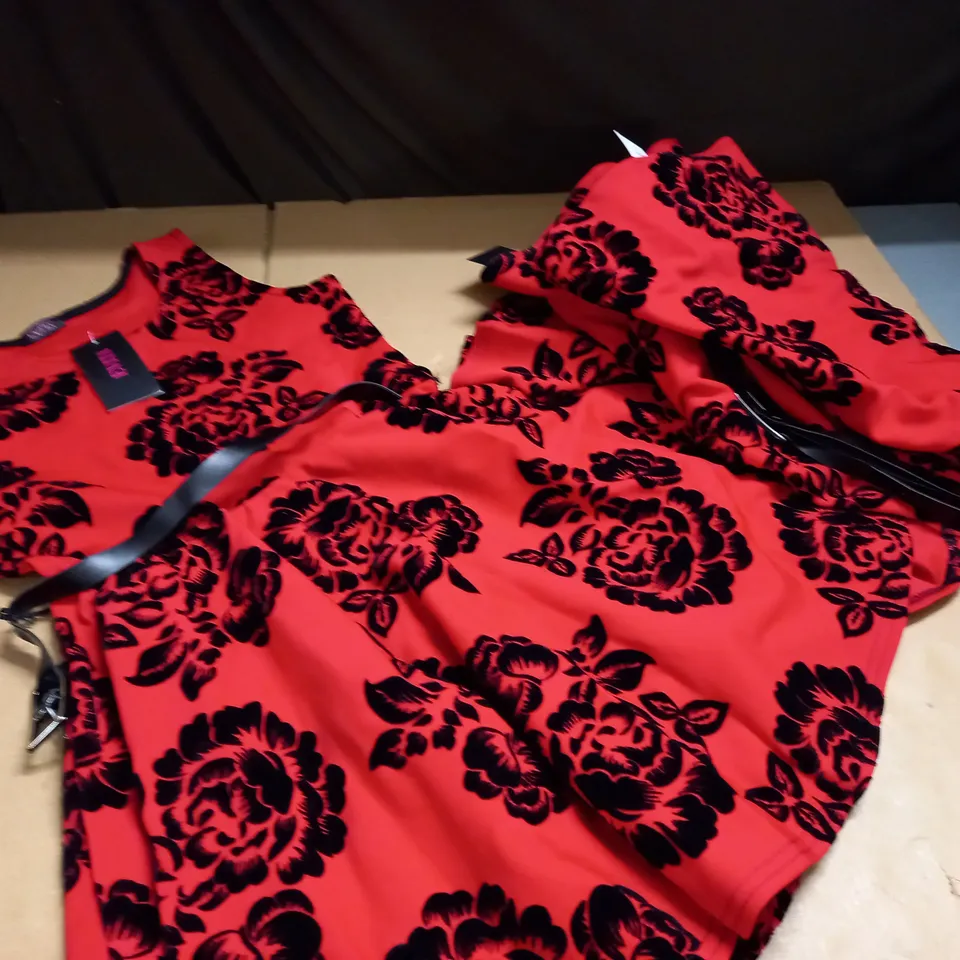 LOT OF 3 EVITA RED FLORAL DRESSES WITH BELTS - VARIOUS SIZES