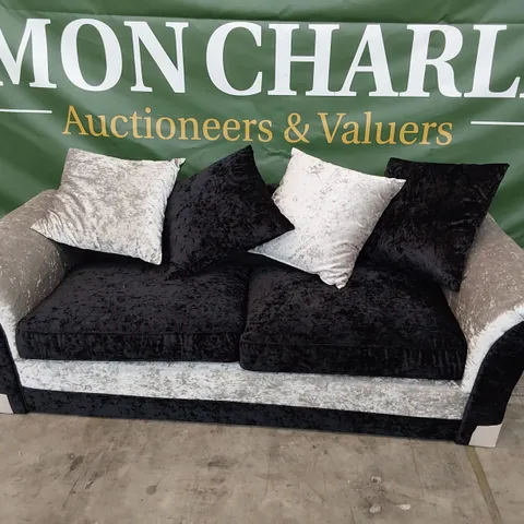 DESIGNER ZULU THREE SEATER SOFA WITH SCATTER CUSHIONS BLACK/SILVER CRUSHED VELVET