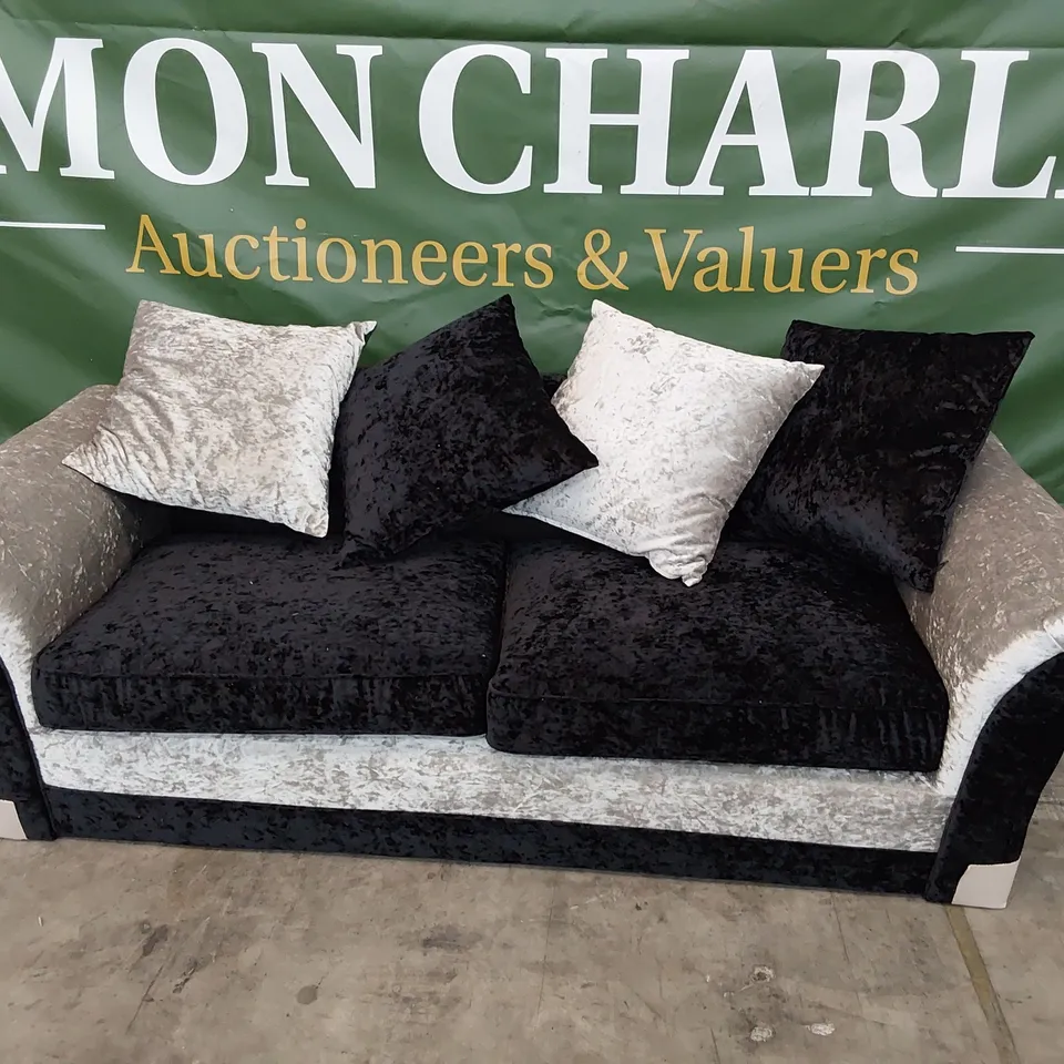 DESIGNER ZULU THREE SEATER SOFA WITH SCATTER CUSHIONS BLACK/SILVER CRUSHED VELVET 
