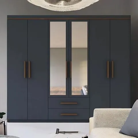 BOXED WASHIBA 6 DOOR WARDROBE WITH MIRROR, GREY (4 BOXES)