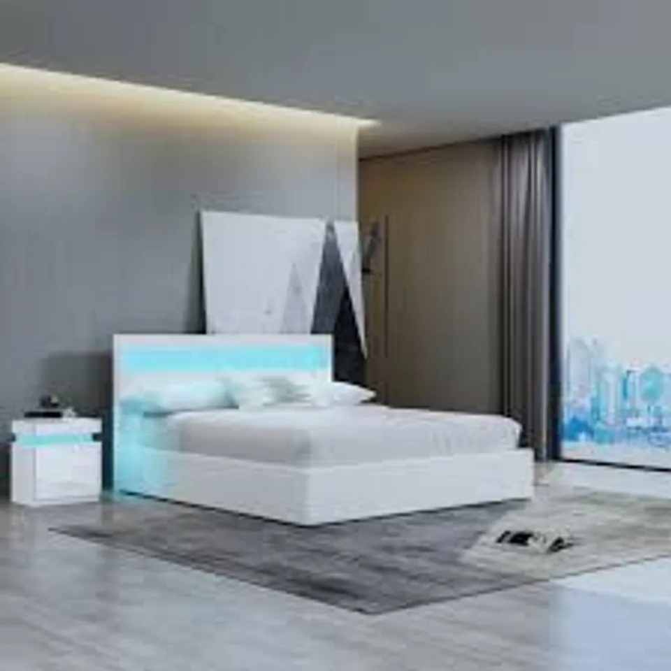 BOXED FAUX LEATHER OTTOMAN BAD FRAME WITH LED HEADBOARD - WHITE (2 BOXES)