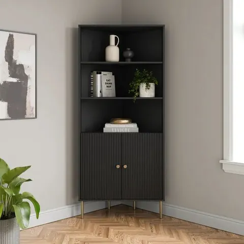 BOXED GEORGI CORNER LADDER SHELF WITH STORAGE - BLACK (2 BOXES)