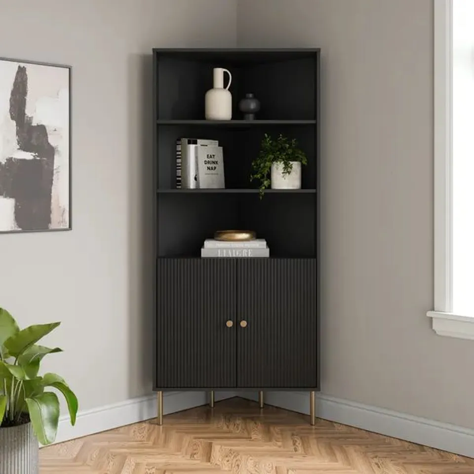 BOXED GEORGI CORNER LADDER SHELF WITH STORAGE - BLACK (2 BOXES)