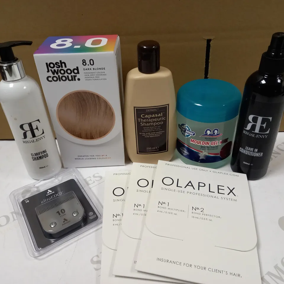 BOX OF APPROX 6 ITEMS TO INCLUDE OLAPLEX SINGLE USE PROFESSIONAL SYSTEM, JOSH WOOD COLOUR (8.0 DARK BLONDE) AND REGAL ENVY SHAMPOO AND CONDITIONER