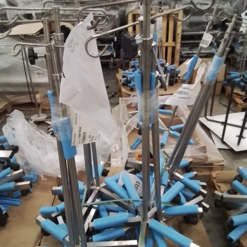 PALLET OF APPROXIMATELY 12 ASSORTED STAINLESS STEEL WHEELED DRIP STANDS