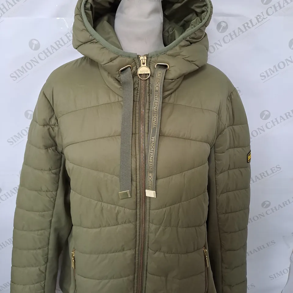 BARBOUR INTERNATIONAL FIBRE DOWN JACKET IN KHAKI SIZE 18