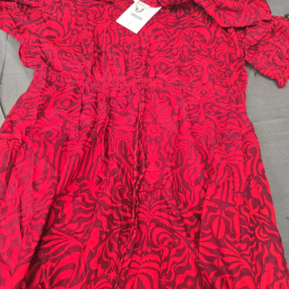 HUSH LHEA PRINTED MIDI COTTON DRESS IN RED SIZE 14