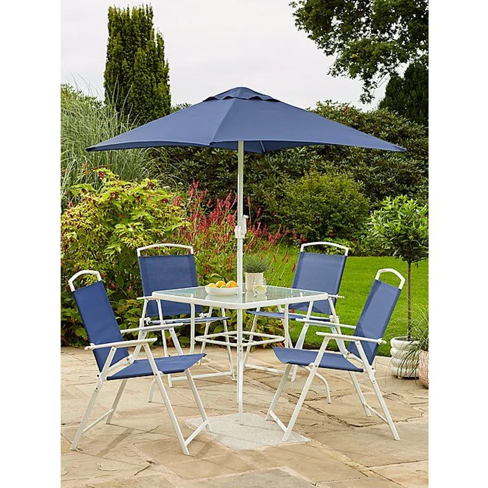 4 BRAND NEW BOX GEORGE HOME MIAMI BLUE FOLDING GARDEN CHAIRS AND PARASOL