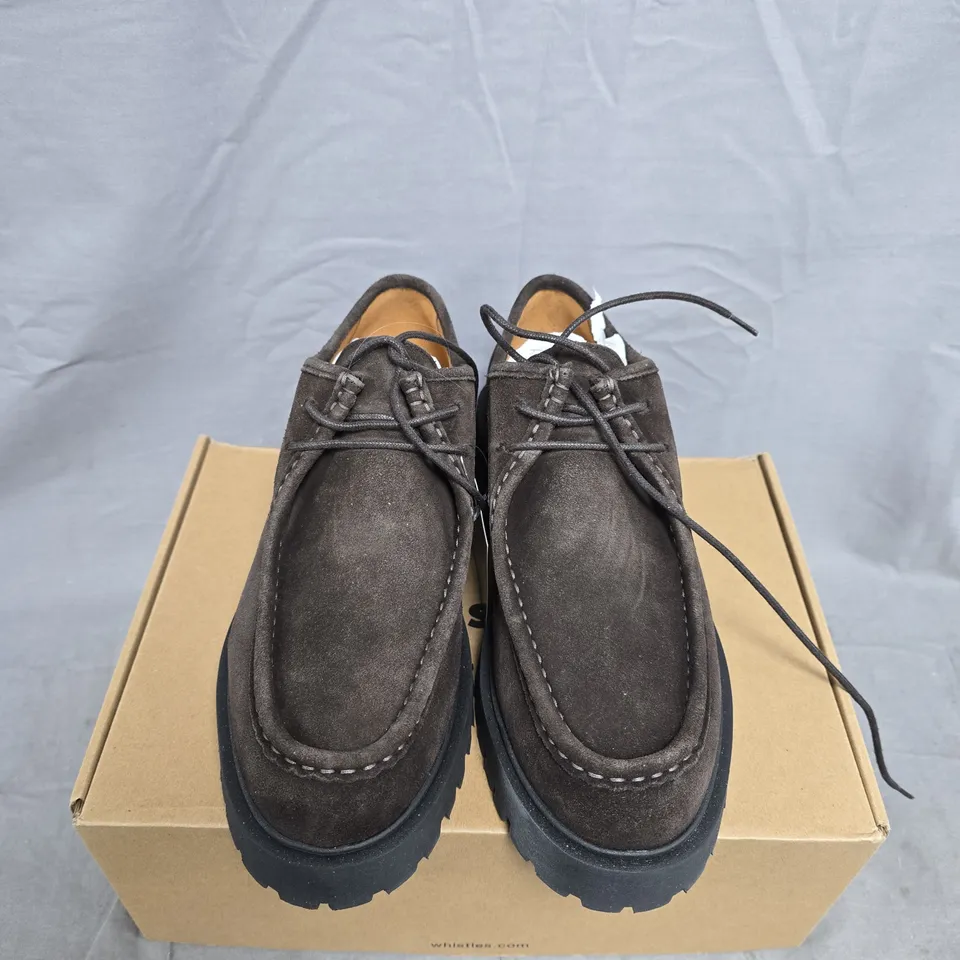 BOXED PAIR OF WHISTLES SUEDE CHUNKY LACE-UP SHOE – CHOCOLATE, UK 7