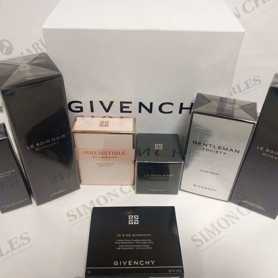 BOXED GIVENCHY GIFT SET TO INCLUDE; MOUSSE, EAU DE PARFUM, EYE SHADOW PALLETTE, CREME YEUX, EAU DE PARFUM ROSE VELVET AND PROTECTIONUV FLUIDE