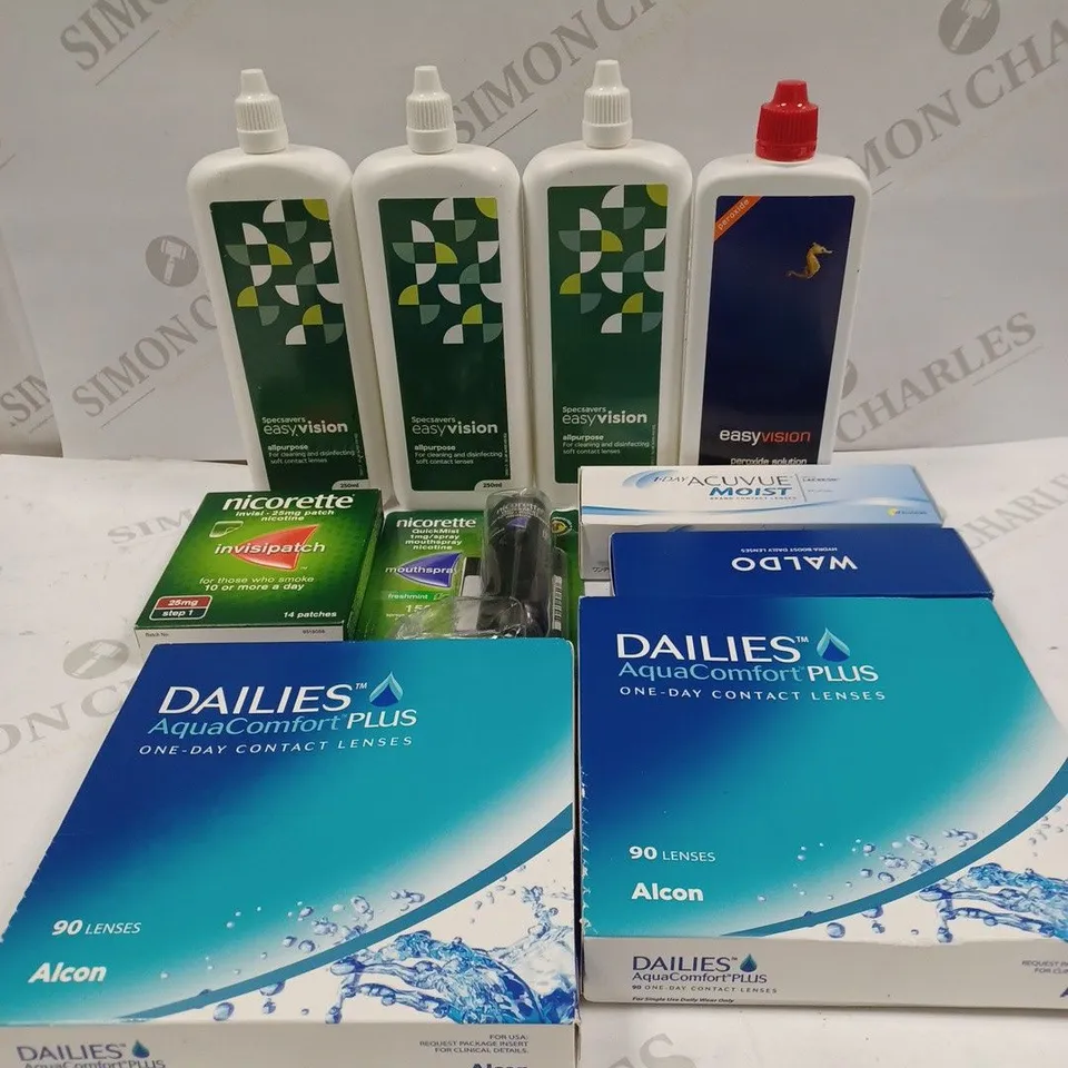 BOX TO CONTAIN APPROX. 25 X ASSORTED VISION CARE & HEALTH CARE PRODUCTS. INCLUDES PACKS OF CONTACT LENSES, CONTACT LENSES CLEANING SOLUTION & NICORETTE SPRAY. - COLLECTION ONLY