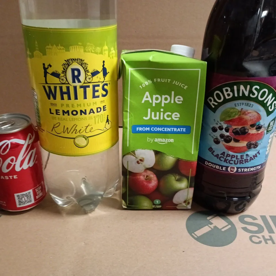 APPROXIMATELY 5 ASSORTED FOOD ITEMS TO INCLUDE APPLE JUICE, ROBINSONS JUICE AND COCACOLA 