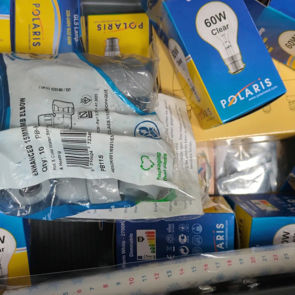 APPROXIMATELY 10 ASSORTED HOUSEHOLD ITEMS TO INCLUDE GLS LAMP, BIC PENS, POLYPLUMB COUPLER, ETC