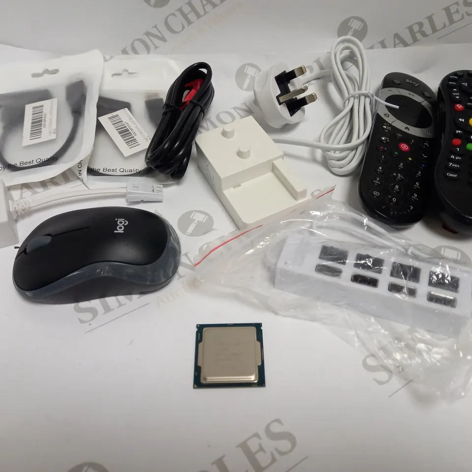 BOX OF APPROXIMATELY 20 ASSORTED ELECTRICAL PRODUCTS TO INCLUDE VIRGIN MEDIA REMOTE CONTROL, ADSL FILTER, INTEL I5-6500 PROCESSOR ETC 