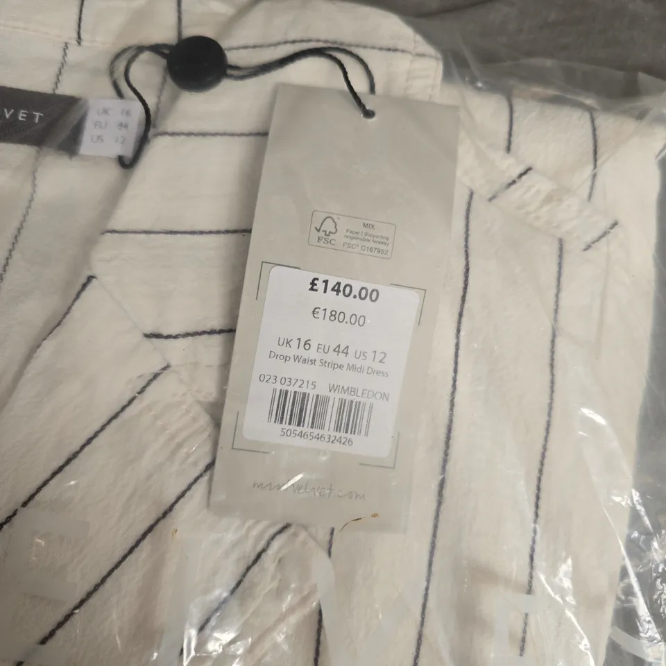 BAGGED MINT VELVET DROP WAIST STRIPE MIDI DRESS – CREAM WITH NAVY PINSTRIPES, UK SIZE 16