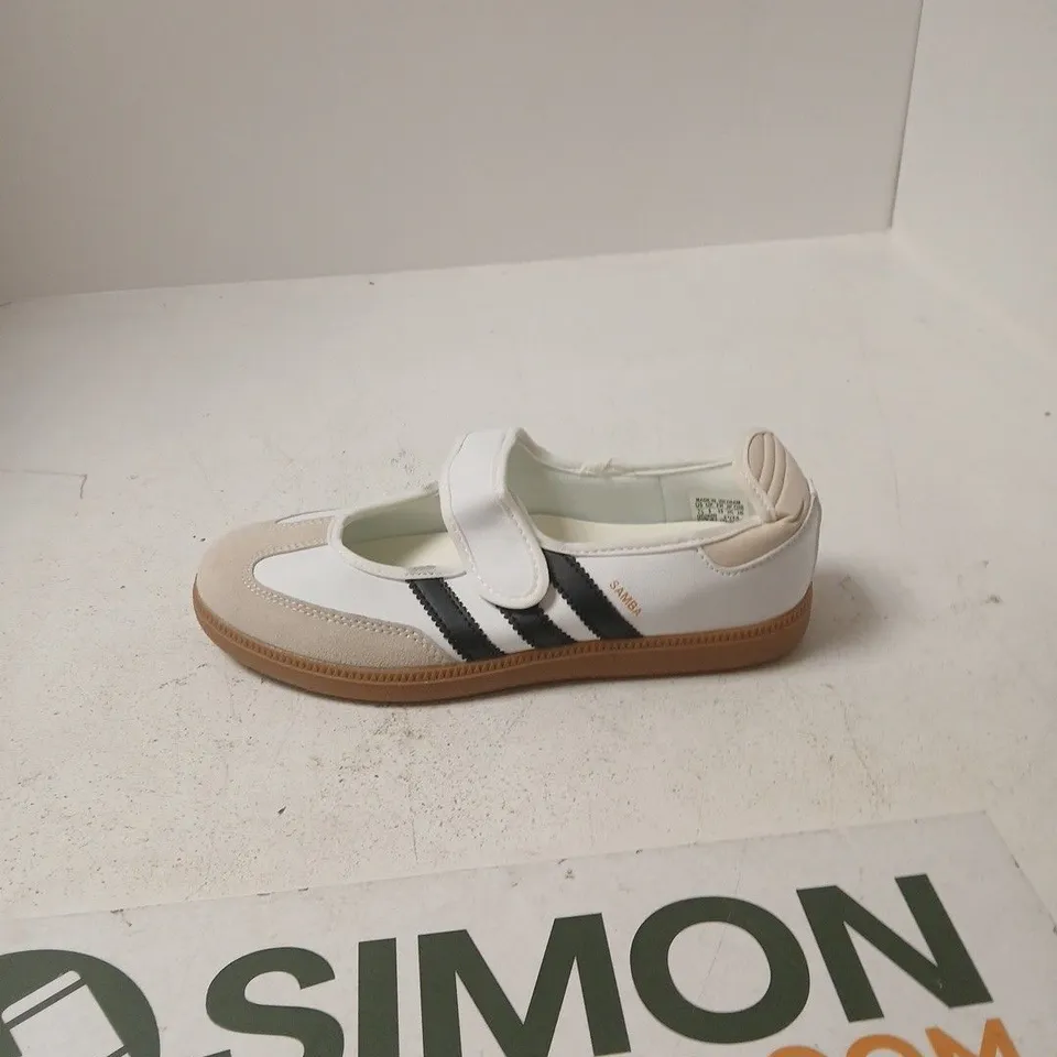 ADIDAS SAMBA TRAINERS – WHITE/BEIGE WITH BLACK STRIPES - UK 6 
