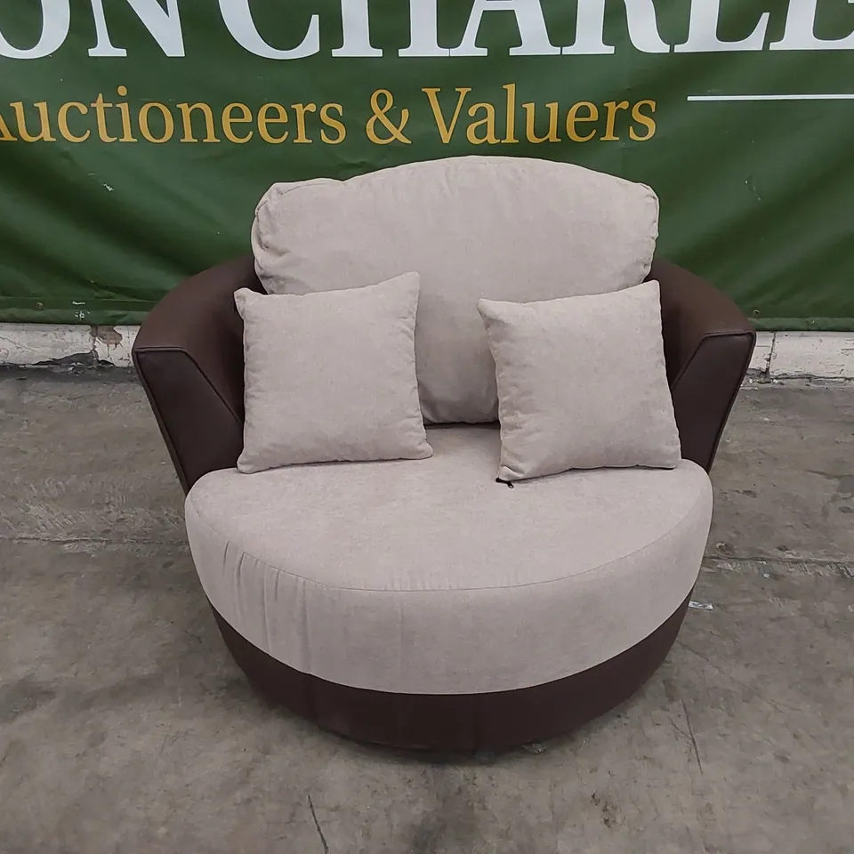 DESIGNER RAFFAELE UPHOLSTERED SWIVEL BARREL CHAIR WITH CUSHIONS