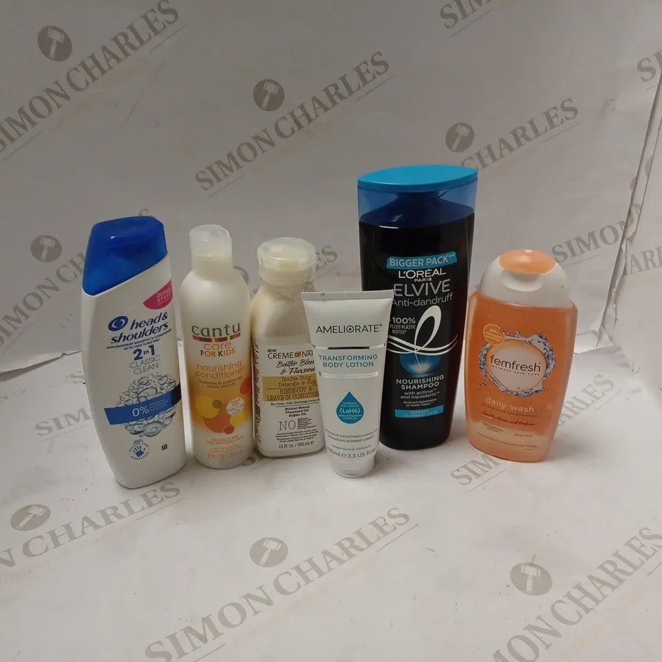 BOXED ASSORTED HAIRCARE PRODUCTS INCLUDING ELVIVE ANTI-DANDRUFF, CANTU NOURISHING CONDITIONER AND AMELIORATE BODY LOTION