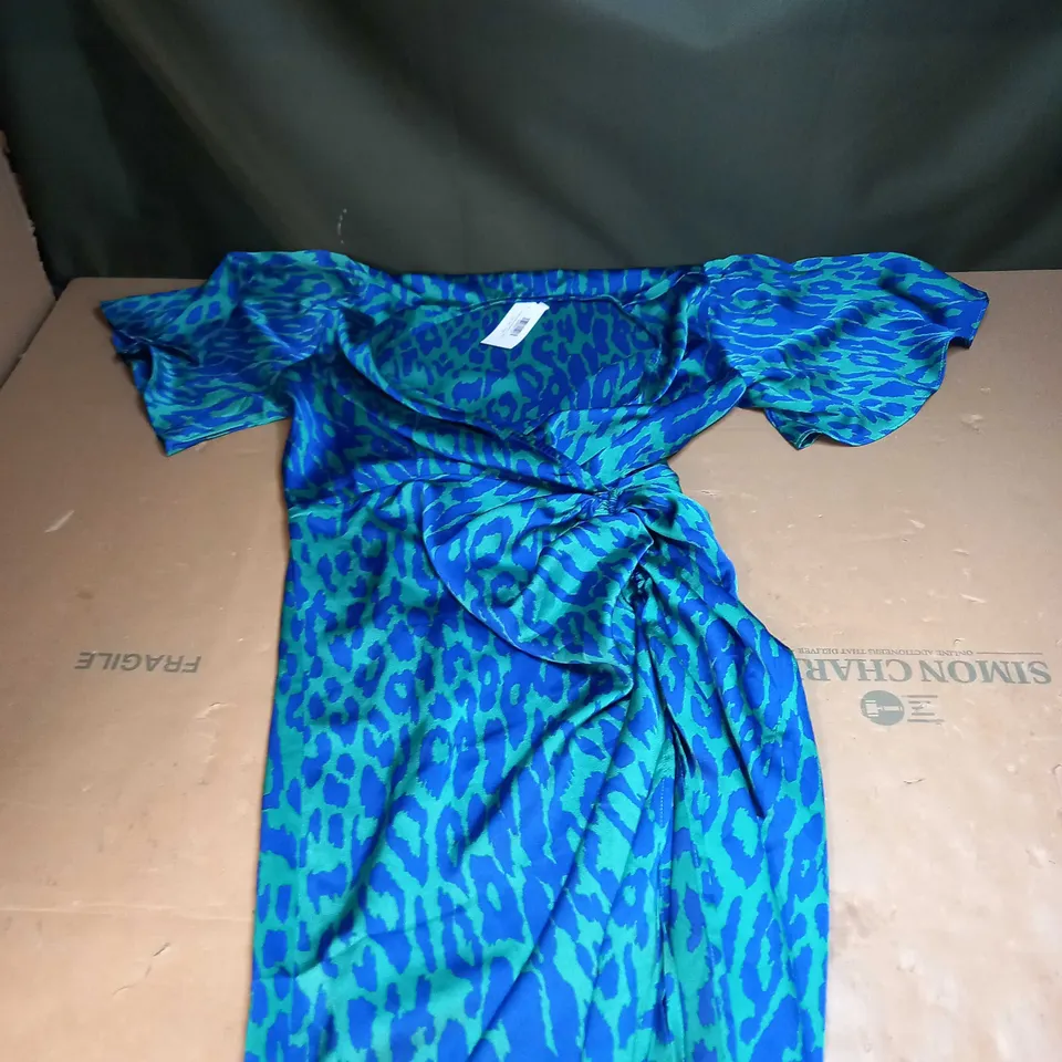 BLUE ANIMAL SATIN ROUCHE SIDE WRAP MIDI DRESS SIZE 12