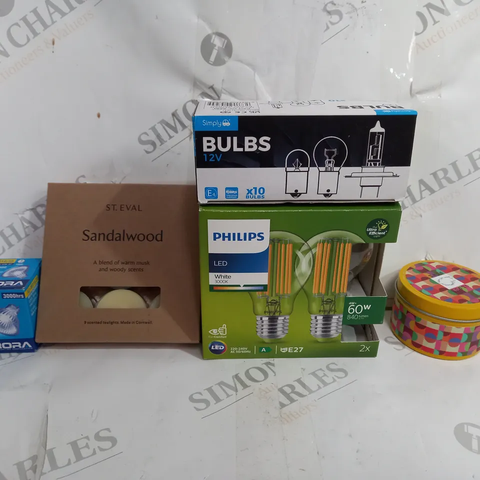 BOX OF APPROXIMATELY 6 ASSORTED ITEMS TO INCLUDE - ST.EVAL SANDALWOOD - SIMPLY BULBS - AURORA LIGHT BULB ECT