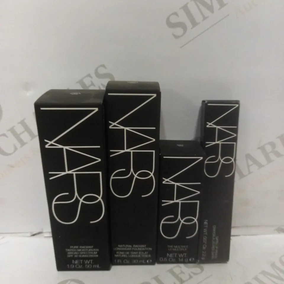 BOX OF APPROX 15 NARS ITEMS TO INCLUDE - LONGWEAR FOUNDATION MED/DARK 4 - LONG WEAR RADIANT DARK 4  - TINTED MOISTURIZER BROAD SPECTRUM SPF 30 ECT 
