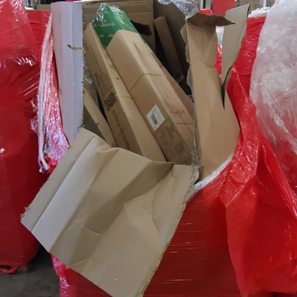 PALLET OF ASSORTED HOUSEHOLD ITEMS AND CONSUMER PRODUCTS. INCLUDES A LARGE NUMBER OF PARASOLS 