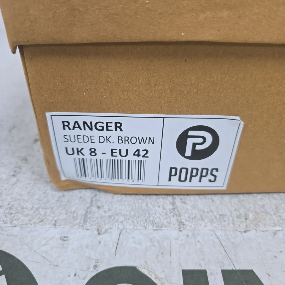 POPPS RANGER SUEDE BOOTS, BROWN, UK 8 (EU 42) – BOXED
