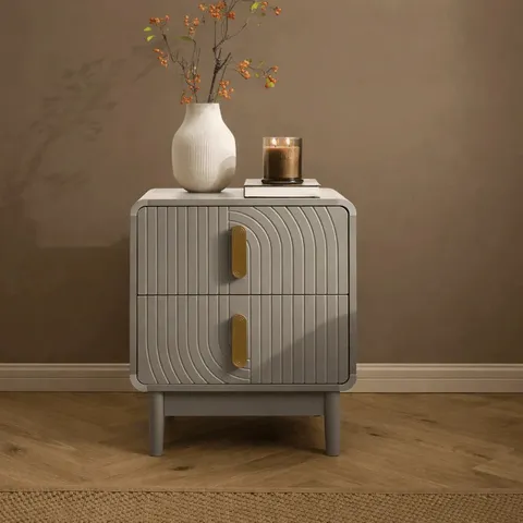 BOXED DUSK MARNIE 2 DRAWER BEDSIDE TABLE - TAUPE (1 BOX)