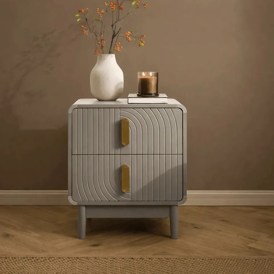 BOXED DUSK MARNIE 2 DRAWER BEDSIDE TABLE - TAUPE (1 BOX)