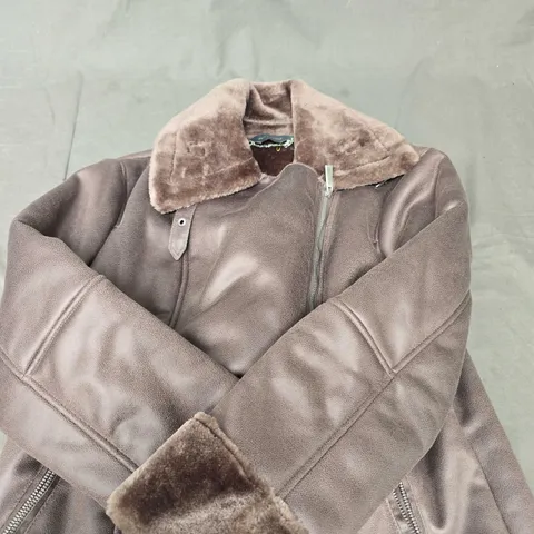 RUTH LANGSFORD FAUX FUR LINED AVIATOR JACKET IN BROWN - 12