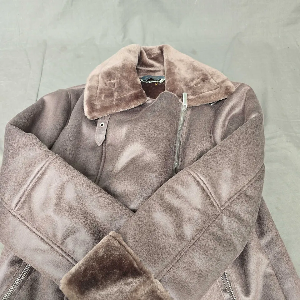 RUTH LANGSFORD FAUX FUR LINED AVIATOR JACKET IN BROWN - 12