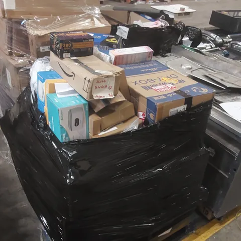 PALLET CONTAINING A LARGE QUANTITY OF ASSORTED ITEMS INCLUDING: ULTRASONIC CLEANERS, 1080P HOME THEATRE PROJECTOR, PIPER J-3 CUB TOY GLIDER. LED NIGHT LIGHTS ECT
