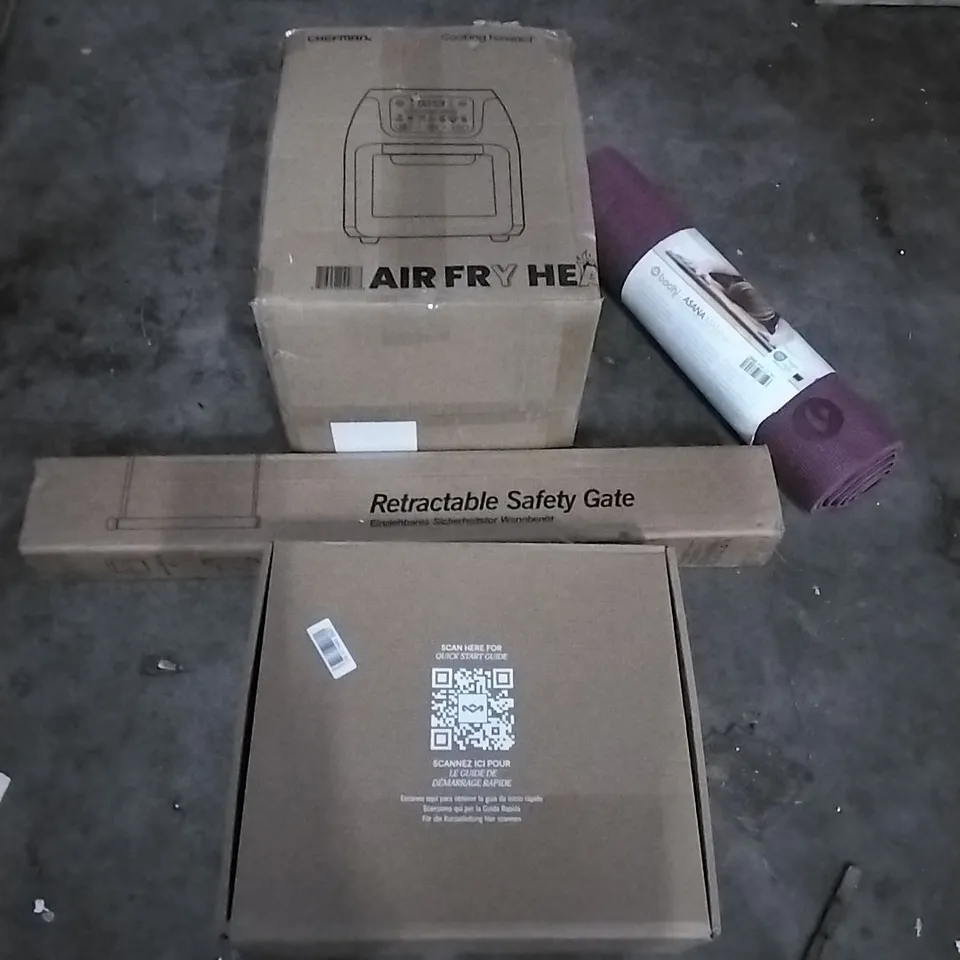 PALLET OF HOUSEHOLD ITEMS TO INCLUDE AIR FRYER, RETRACTABLE SAFETY GATE, YOGA ,TURNTABLE SYSTEM AND OTHER ASSORTED ITEMS...