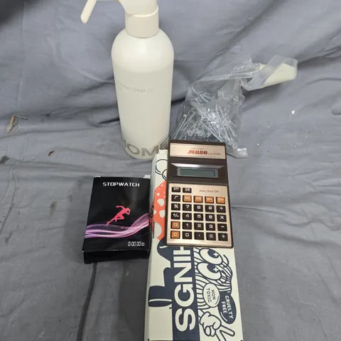 BOX OF ASSORTED ITEMS TO INCLUDE - STOPWATCH - SCREWS - HOME THINGS 