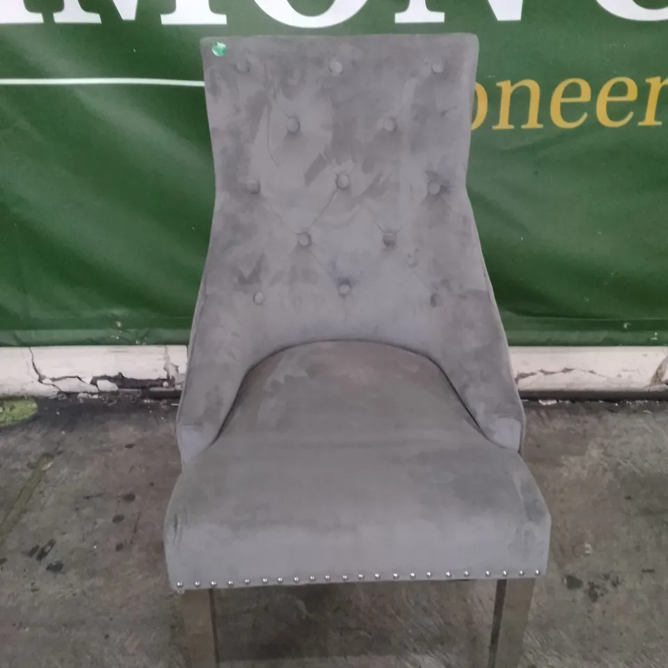 IMPERIAL GREY VELVET BUTTON BACK DINING CHAIR WITH CHROME LEGS