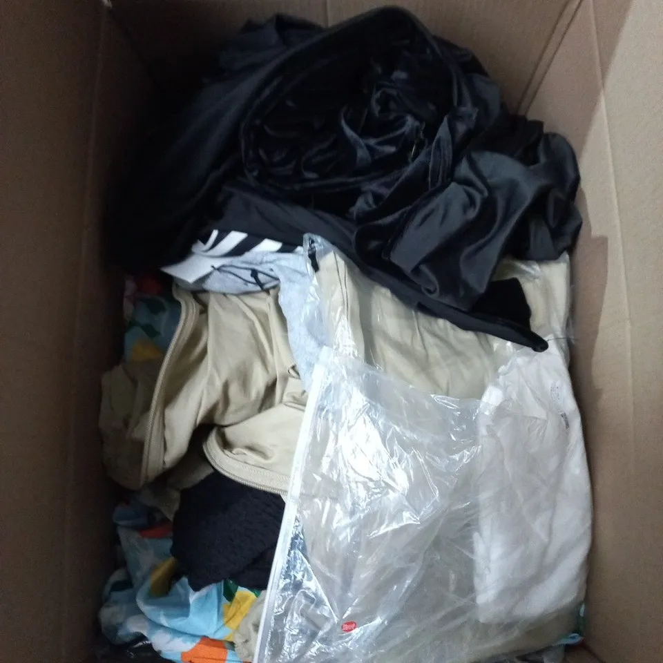 LARGE BOX OF APPROXIMATELY 25 ASSORTED CLOTHING ITEMS IN VARIOUS COLOURS, STYLES AND SIZES - COLLECTION ONLY